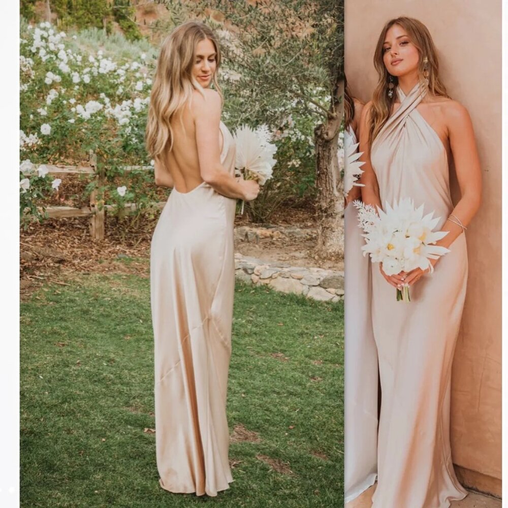 Jasmine Halter Maxi Dress- Champagne Luxe Satin